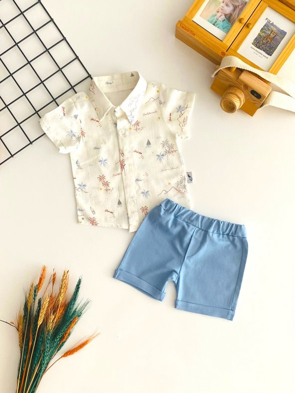 Neşeli Bebekler Baskılı Gömlekli Yazlık Takım Mavi