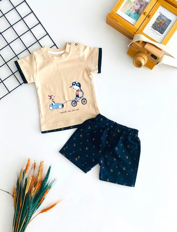 Neşeli Bebekler Bisiklet Yaka Baskılı Yazlık Takım Bej ürün görseli