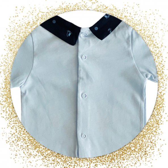 Neşeli Bebekler Polo Yaka Baskılı Sırttan Çıtçıtlı Yazlık Takım Mavi - Resim 2