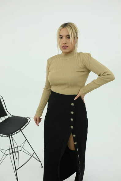 Siyah Düğmeli Triko Etek - 3