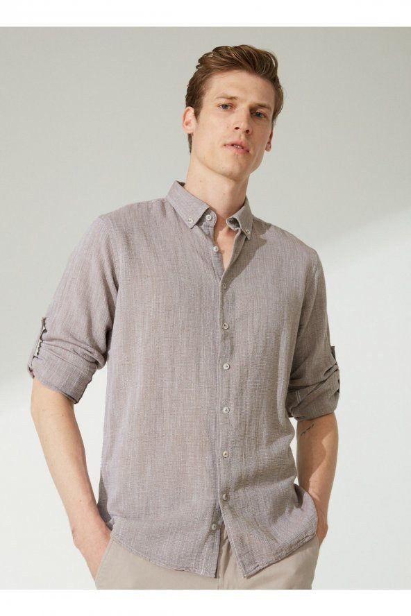 Slim Fit Düğmeli Yaka Düz Açık Kahve Erkek Gömlek Gm1008400238 - 1