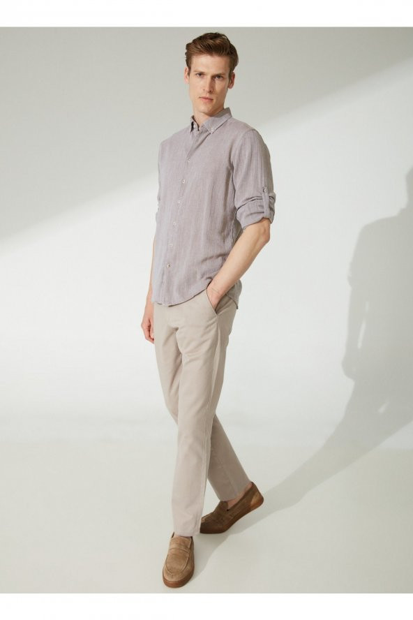 Slim Fit Düğmeli Yaka Düz Açık Kahve Erkek Gömlek Gm1008400238 - 3