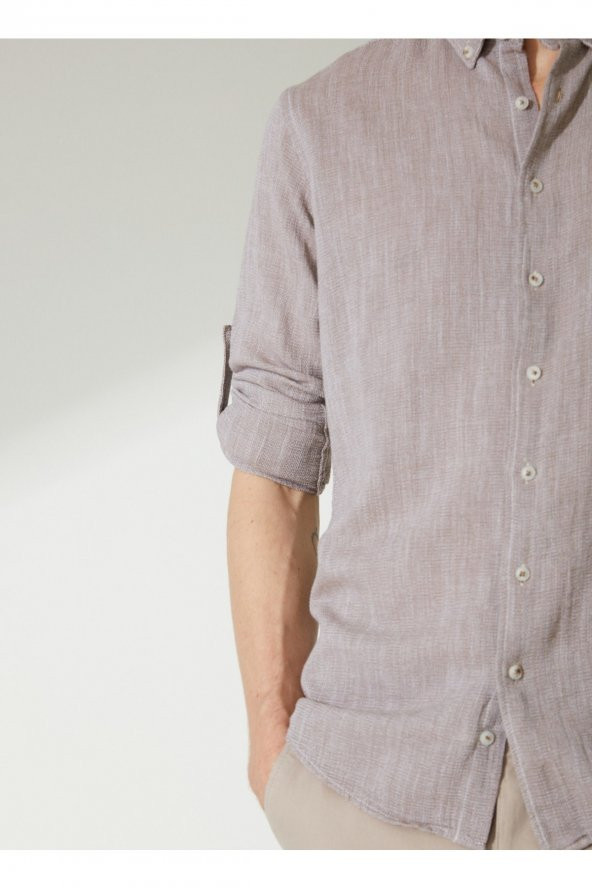 Slim Fit Düğmeli Yaka Düz Açık Kahve Erkek Gömlek Gm1008400238 - 4