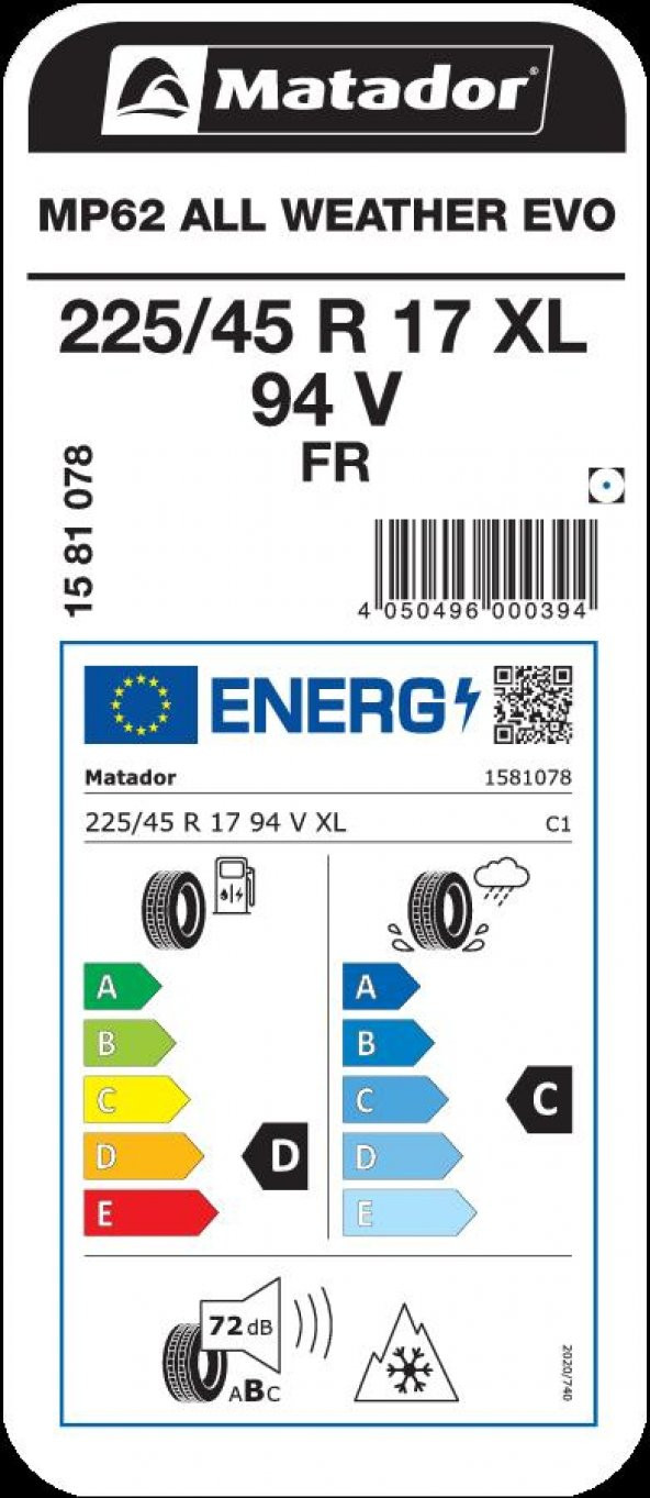 Matador 225/45 R17 94V XL FR MP62 ALL WEATHER EVO Oto Dört Mevsim Lastiği Üretim 2024 - 2