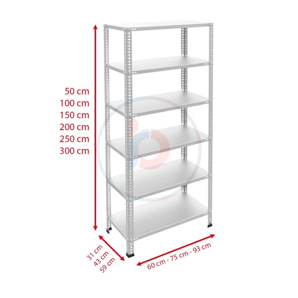 6 Katlı Galvaniz Çelik Raf - Depo, Arşiv, Kiler, Dosya, Market Rafı  31x93 cm 250 cm 1.50 mm - Resim 4