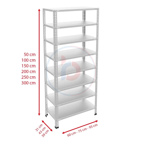 8 Katlı Galvaniz Çelik Raf - Depo, Arşiv, Kiler, Dosya, Market Rafı  43x93 cm 150 cm 0.70 mm - 4