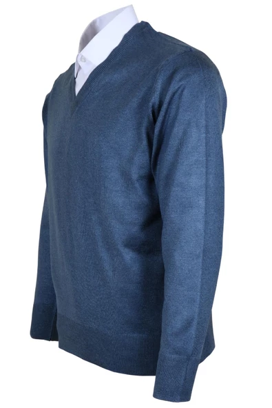 Erkek Yünlü Kazak V Yaka Normal Klasik Kesim Mavi RAR00376 - 4