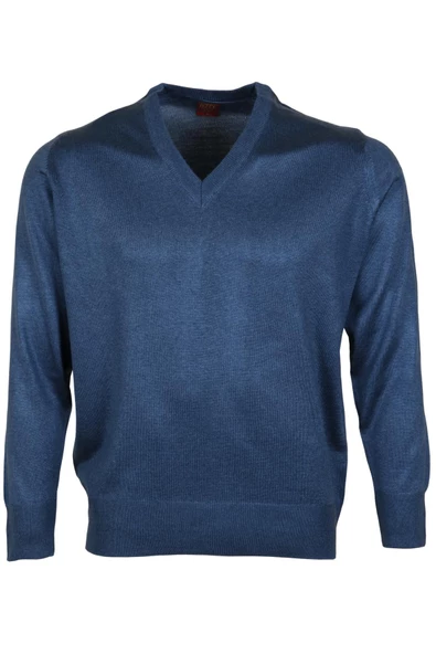 Erkek Yünlü Kazak V Yaka Normal Klasik Kesim Mavi RAR00376 - 2