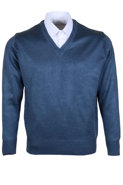 Erkek Yünlü Kazak V Yaka Normal Klasik Kesim Mavi RAR00376