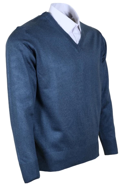 Erkek Yünlü Kazak V Yaka Normal Klasik Kesim Mavi RAR00376 - 3