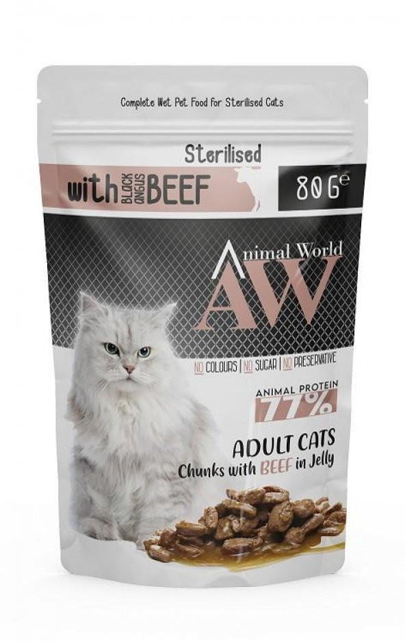 Animal World Pounch Sterilised Jöleli Parça Sığır Etli Kısırlaştırılmış Kedi Yaş Mama 80gr