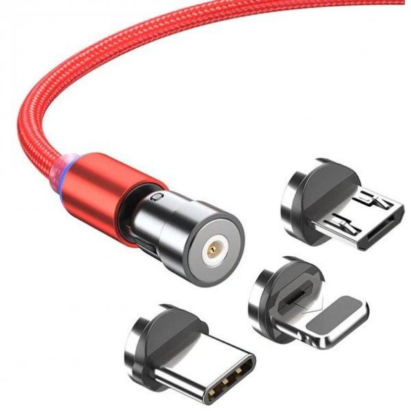 Zhltools 540 Dönebilen Mıknatıslı Usb Şarj Kablosu 3 Başlık iphone+type-c+micro 1 Metre Kırmızı