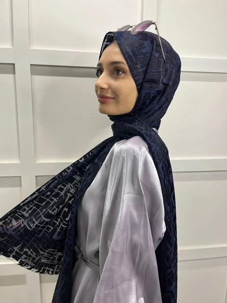 Cosie İthal  Desenli Yakma Şal 00829  LACİVERT - Resim 3