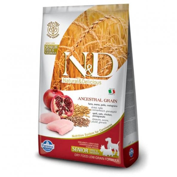 N&D Düşük Tahıllı Tavuklu ve Narlı Orta ve Büyük Irk Yaşlı Köpek Maması 2,5 kg