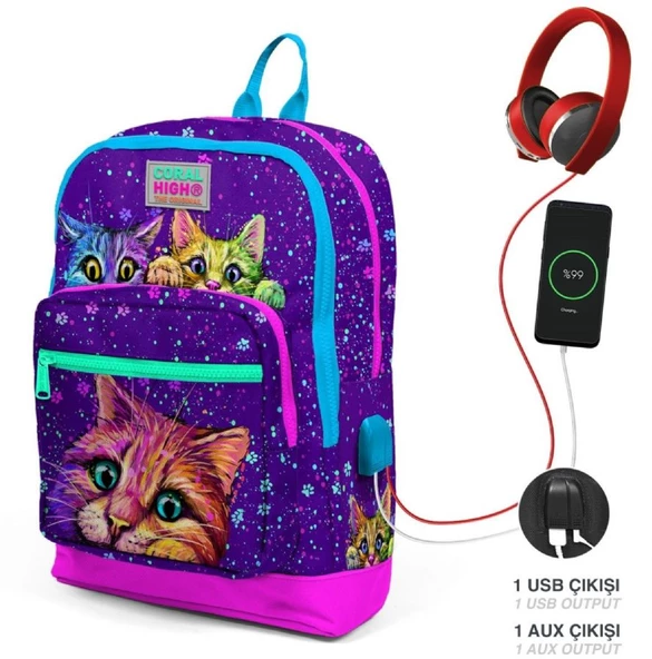 Coral High Kids Mor Pembe Kedi Desenli USB'li 3'lü Okul Çanta Seti - Kız Çocuk İlkokul Çanta Takımı - 3