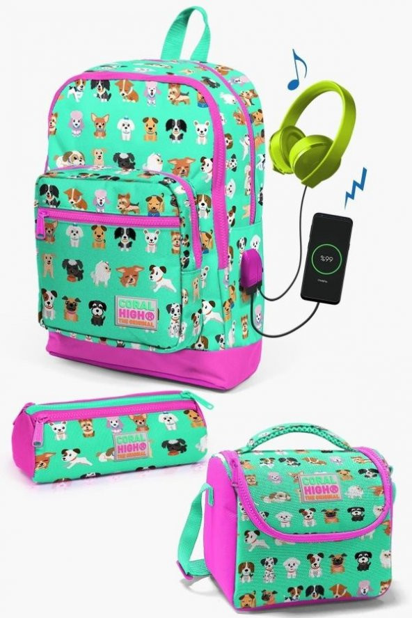 Coral High Kids Su Yeşili Neon Pembe Köpek Desenli USB'li 3’lü Okul Çanta Seti - Kız Çocuk