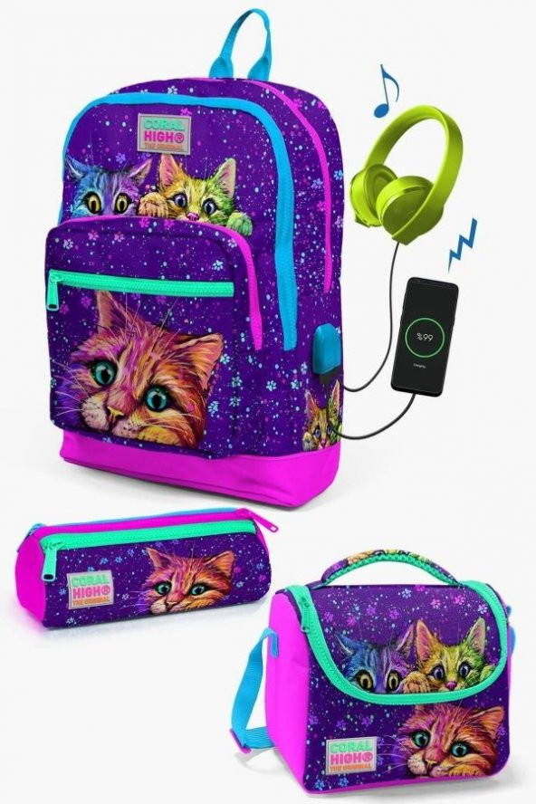Coral High Kids Mor Pembe Kedi Desenli USB'li 3’lü Okul Çanta Seti - Kız Çocuk İlkokul Çanta Takımı