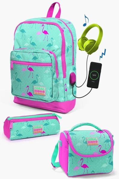 Coral High Kids Su Yeşili Neon Pembe Flamingo Desenli USB'li 3’lü Okul Çanta Seti - Kız Çocuk