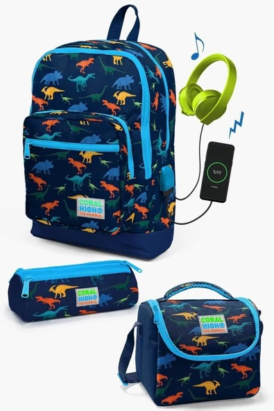 Coral High Kids Lacivert Dinazor Desenli USB'li 3’lü Okul Çanta Seti - Erkek Çocuk