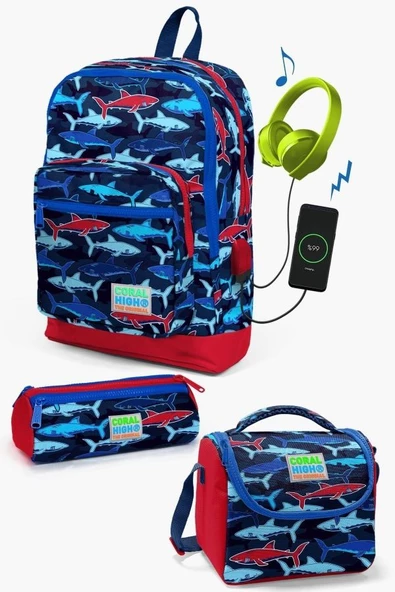 Coral High Kids Lacivert Kırmızı Köpek Balığı Desenli USB'li 3’lü Okul Çanta Seti - Erkek Çocuk