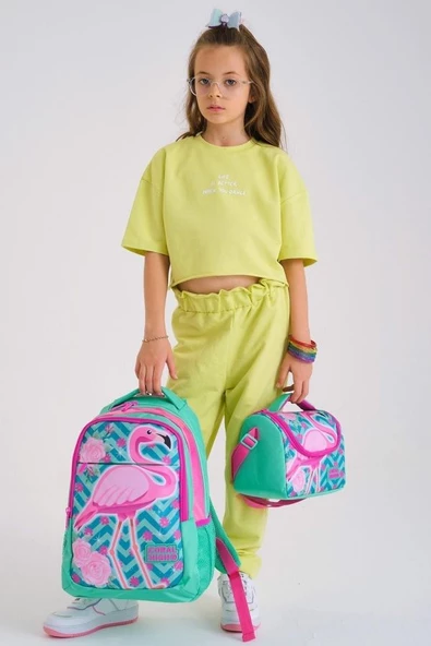 Coral High Kids Su Yeşili Pembe Simli Flamingo Desenli 3'lü Okul Çanta Seti - Kız Çocuk İlkokul - Resim 2