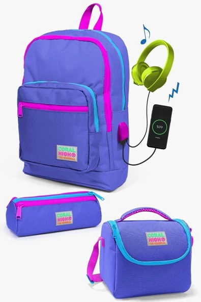Coral High Kids Lavanta USB'li 3’lü Okul Çanta Seti - Kız Çocuk İlkokul Çanta Takımı