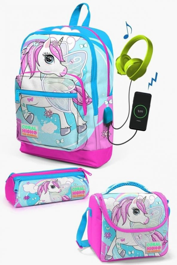 Coral High Kids Mavi Neon Pembe Unicorn Desenli USB'li 3’lü Okul Çanta Seti - Kız Çocuk
