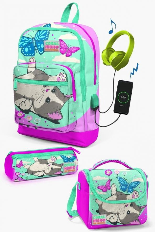 Coral High Kids Su Yeşili Pembe Kedi Desenli USB'li 3’lü Okul Çanta Seti - Kız Çocuk