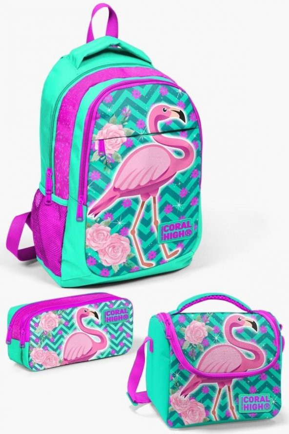 Coral High Kids Su Yeşili Pembe Simli Flamingo Desenli 3’lü Okul Çanta Seti - Kız Çocuk İlkokul