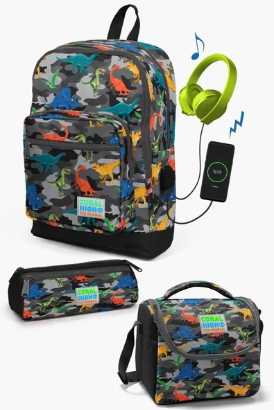 Coral High Kids Koyu Gri Siyah Kamuflaj Dinozor Desenli USB'li 3’lü Okul Çanta Seti - Erkek Çocuk