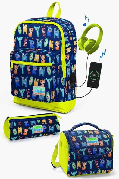 Coral High Kids Lacivert Neon Sarı Monster Desenli USB'li 3’lü Okul Çanta Seti - Erkek Çocuk
