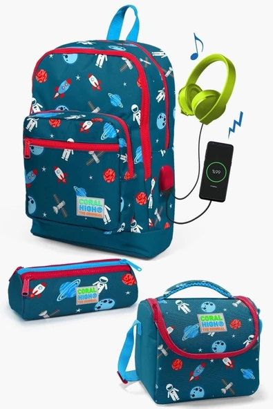 Coral High Kids Çivit Kırmızı Uzay Desenli USB'li 3’lü Okul Çanta Seti - Erkek Çocuk