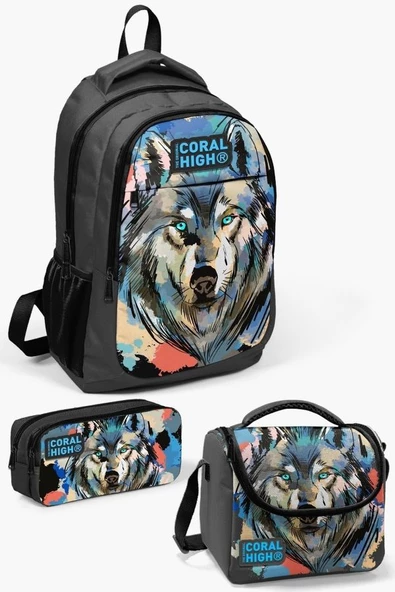 Coral High Kids Gri Siyah Kurt Desenli 3'lü Okul Çanta Seti - Erkek Çocuk