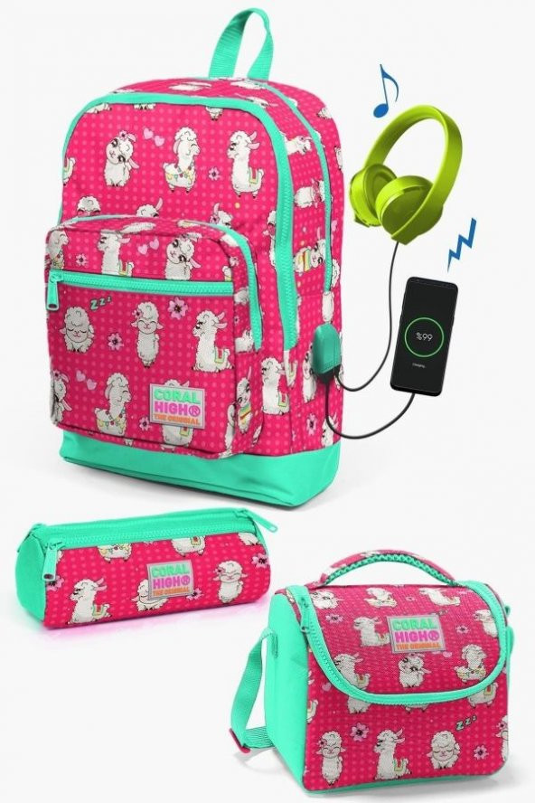 Coral High Kids Neon Mercan Su Yeşili Alpaka Desenli USB'li 3’lü Okul Çanta Seti - Kız Çocuk