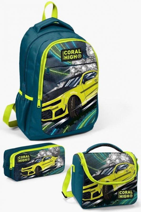 Coral High Kids Nefti Fosforlu Sarı Araba Desenli 3’lü Okul Çanta Seti