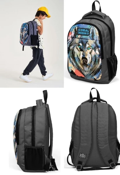 Coral High Kids Gri Siyah Kurt Desenli 3'lü Okul Çanta Seti - Erkek Çocuk - 3