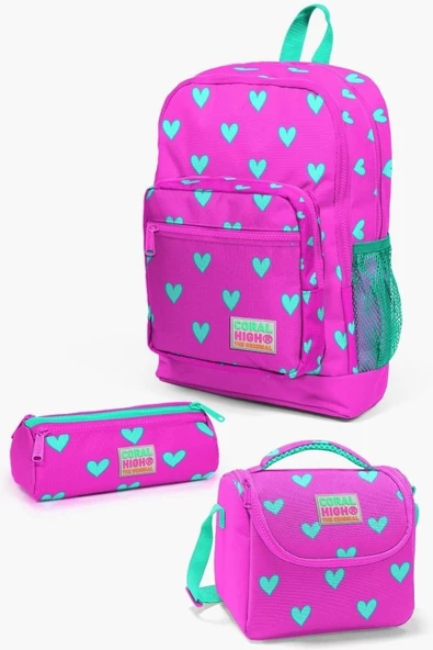 Coral High Kids Neon Pembe Su Yeşili Kalp Desenli 3’lü Okul Çanta Seti - Kız Çocuk