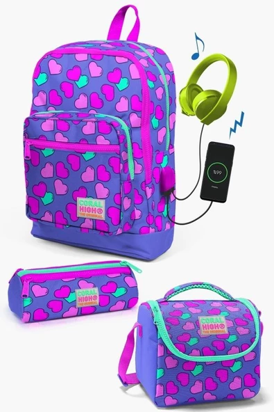 Coral High Kids Lavanta Pembe Kalp Desenli USB'li 3’lü Okul Çanta Seti - Kız Çocuk
