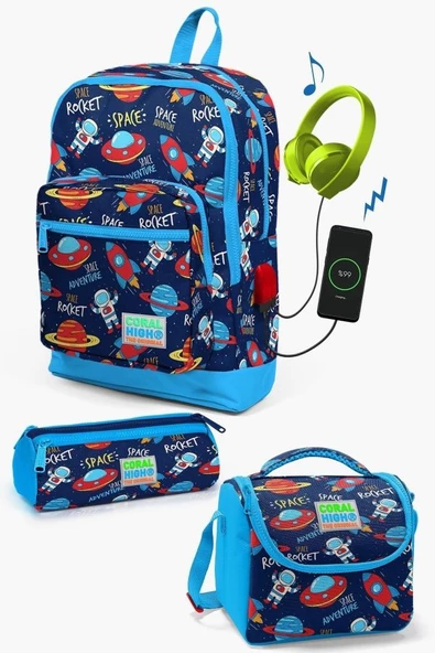 Coral High Kids Lacivert Mavi Uzay Desenli USB'li 3’lü Okul Çanta Seti - Erkek Çocuk