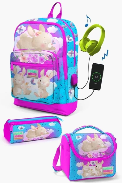 Coral High Kids Mavi Pembe Tavşan Desenli USB'li 3’lü Okul Çanta Seti - Kız Çocuk