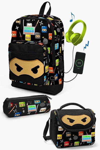 Coral High Kids Siyah Ninja Desenli USB'li 3’lü Okul Çanta Seti - Erkek Çocuk