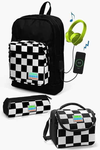 Coral High Kids Siyah Dama Desenli USB'li 3’lü Okul Çanta Seti - Erkek Çocuk