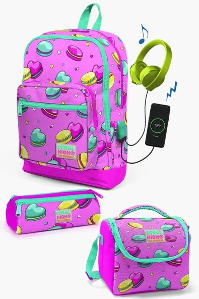 Coral High Kids Açık Pembe Su Yeşili Makaron Desenli USB'li 3’lü Okul Çanta Seti - Kız Çocuk