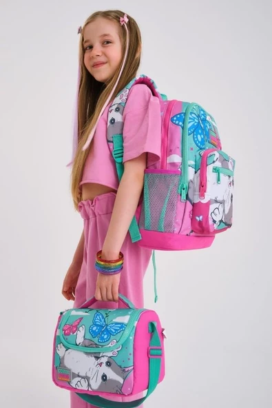 Coral High Kids Su Yeşili Pembe Kedi Desenli 3'lü Okul Çanta Seti - Kız Çocuk - Resim 2