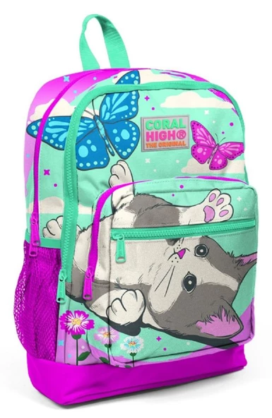 Coral High Kids Su Yeşili Pembe Kedi Desenli 3'lü Okul Çanta Seti - Kız Çocuk - Resim 5