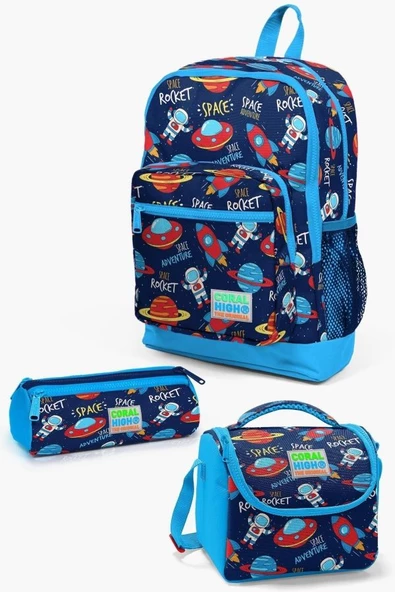 Coral High Kids Lacivert Mavi Uzay Desenli 3'lü Okul Çanta Seti - Erkek Çocuk