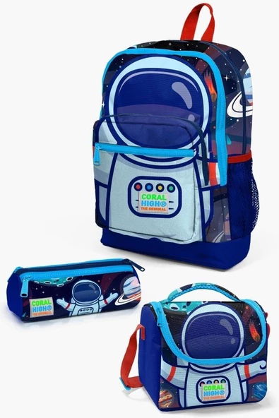 Coral High Kids Saks Mavi Astronot Desenli 3’lü Okul Çanta Seti - Erkek Çocuk