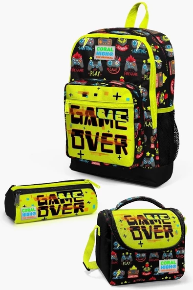 Coral High Kids Siyah Neon Sarı Game Over Desenli 3’lü Erkek Çocuk İlkokul Çantası Takımı