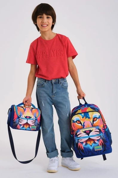 Coral High Kids Lacivert Saks Aslan Desenli 3'lü Okul Çanta Seti - Erkek Çocuk - Resim 2