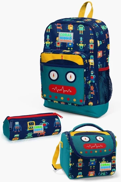 Coral High Kids Lacivert Çivit Robot Desenli 3'lü Okul Çanta Seti - Erkek Çocuk